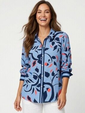 Gretchen Scott Designs Navy Blue Red Light Blue Patterned Top (Size: 16Xxl)
